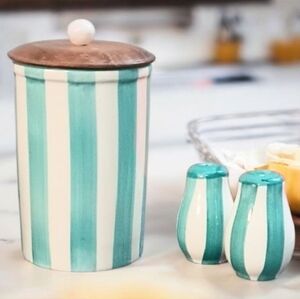 Teal Blue & White Striped Kitchenware Container with Salt and Pepper Shakers
